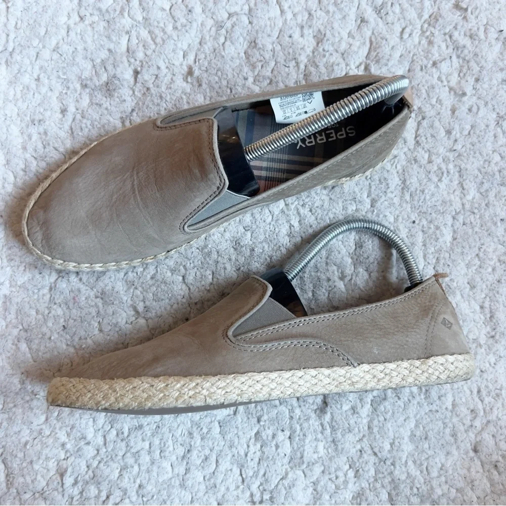 Sperry: Olive Green Suede Slip On Sailor Twin Gore Jute Espadrilles Size 8.5